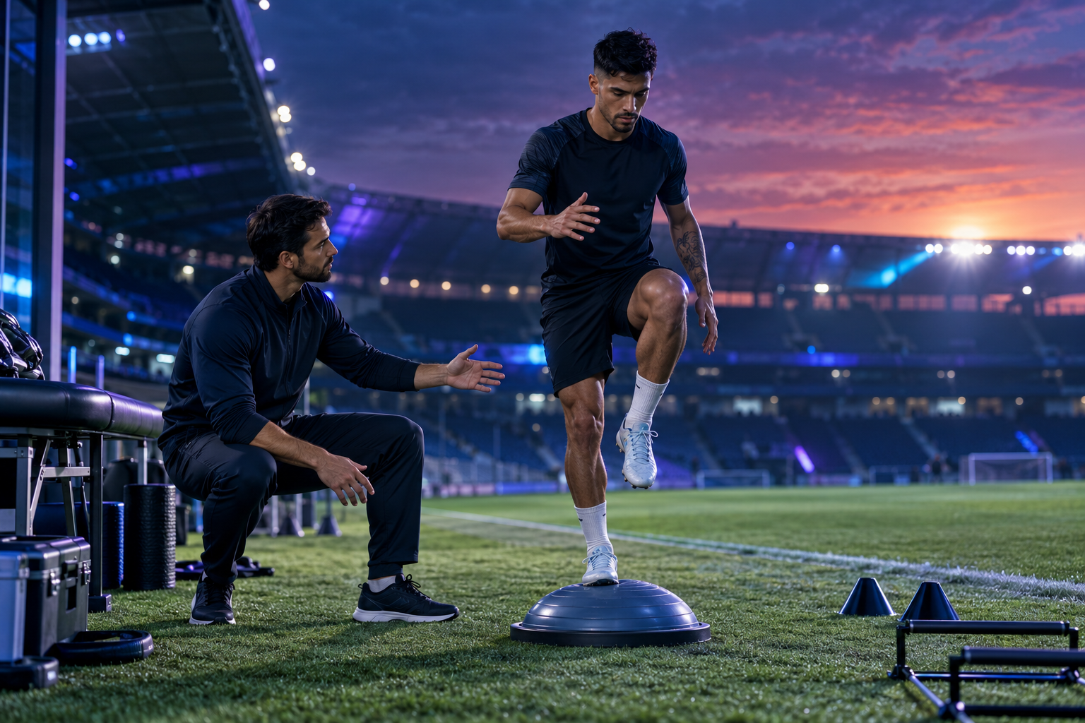 Fisioterapeuta acompanhando um jogador em avaliação funcional para o retorno ao futebol